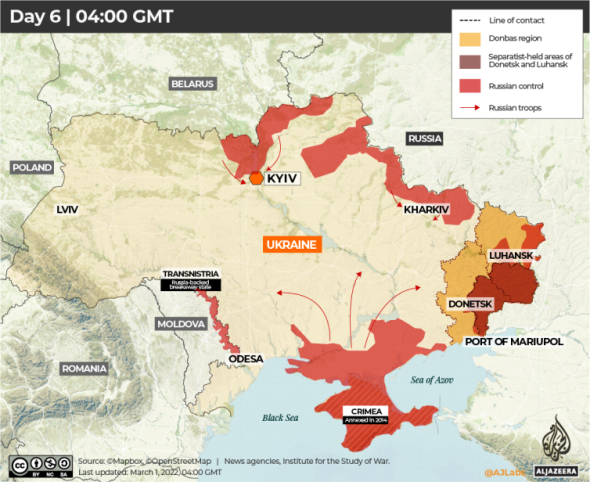 Aljazeera graphic of Day 6 of the Russian - Ukraine war - 1 March 2022